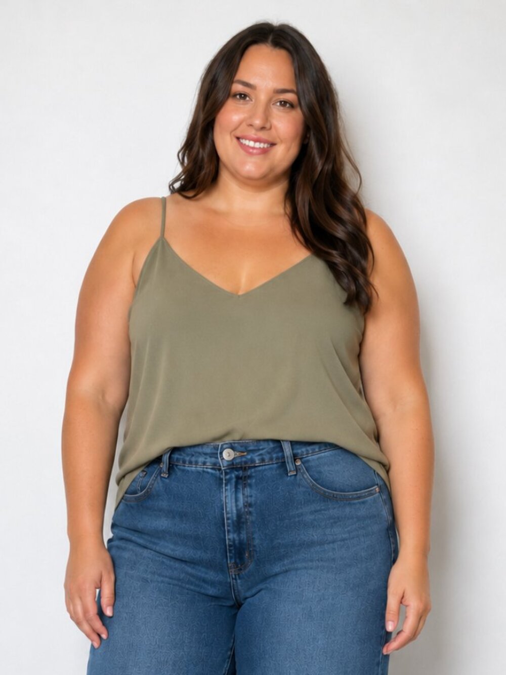 Dlythea Olive Green V-Neck Cami Tank Top XL Flowy Sleeveless Adjustable Strap Lo
